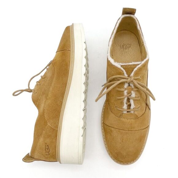 UGG Johanna Spill Seam Wedge Oxford in Chestnut Tan Size 9 Suede Shearling Boho - Picture 1 of 16
